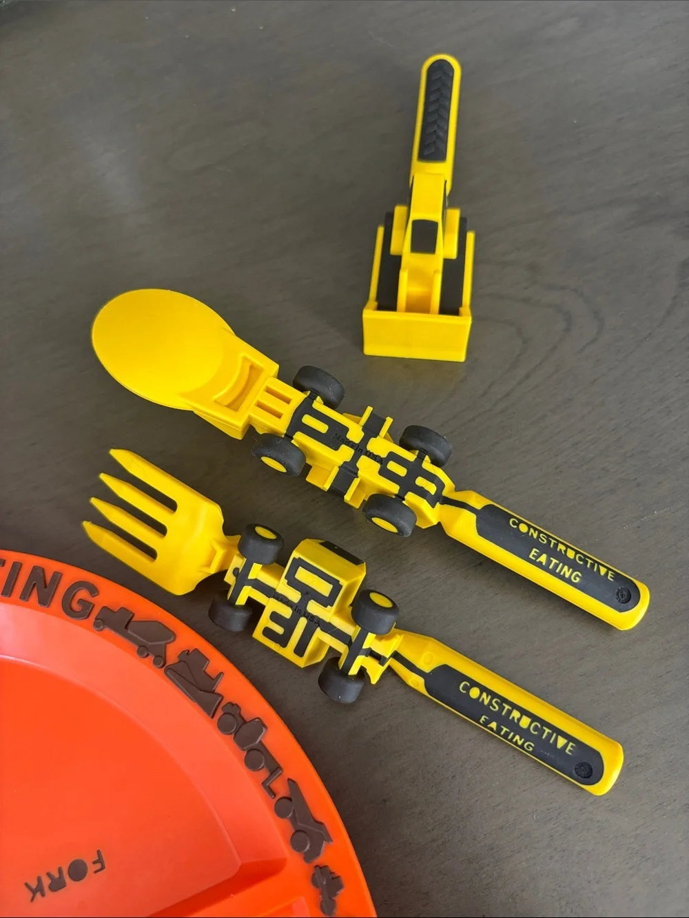 Constructive Eating Orange Divided Plate with Yellow Utensils